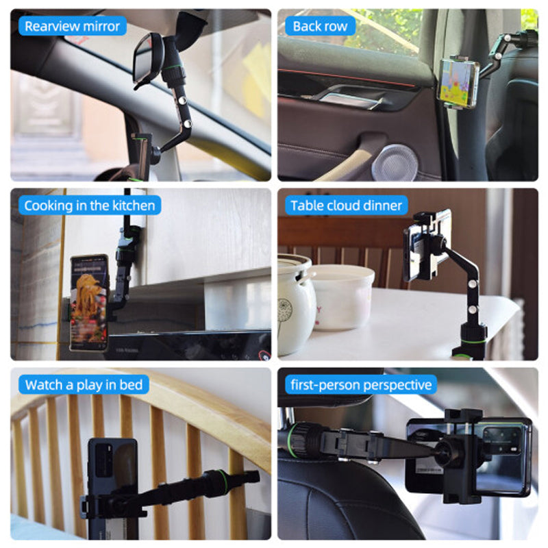 360° Rearview Mirror Phone Holder | Adjustable Mount for Car, Kitchen & Desk | Rotating ABS Clamp Stand