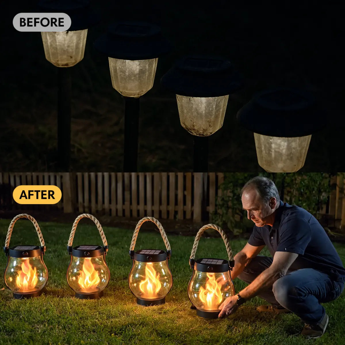 Solar Flickering Flame Lanterns (Set of 2) | Waterproof Outdoor LED Lights | Pathway, Patio & Garden Decor