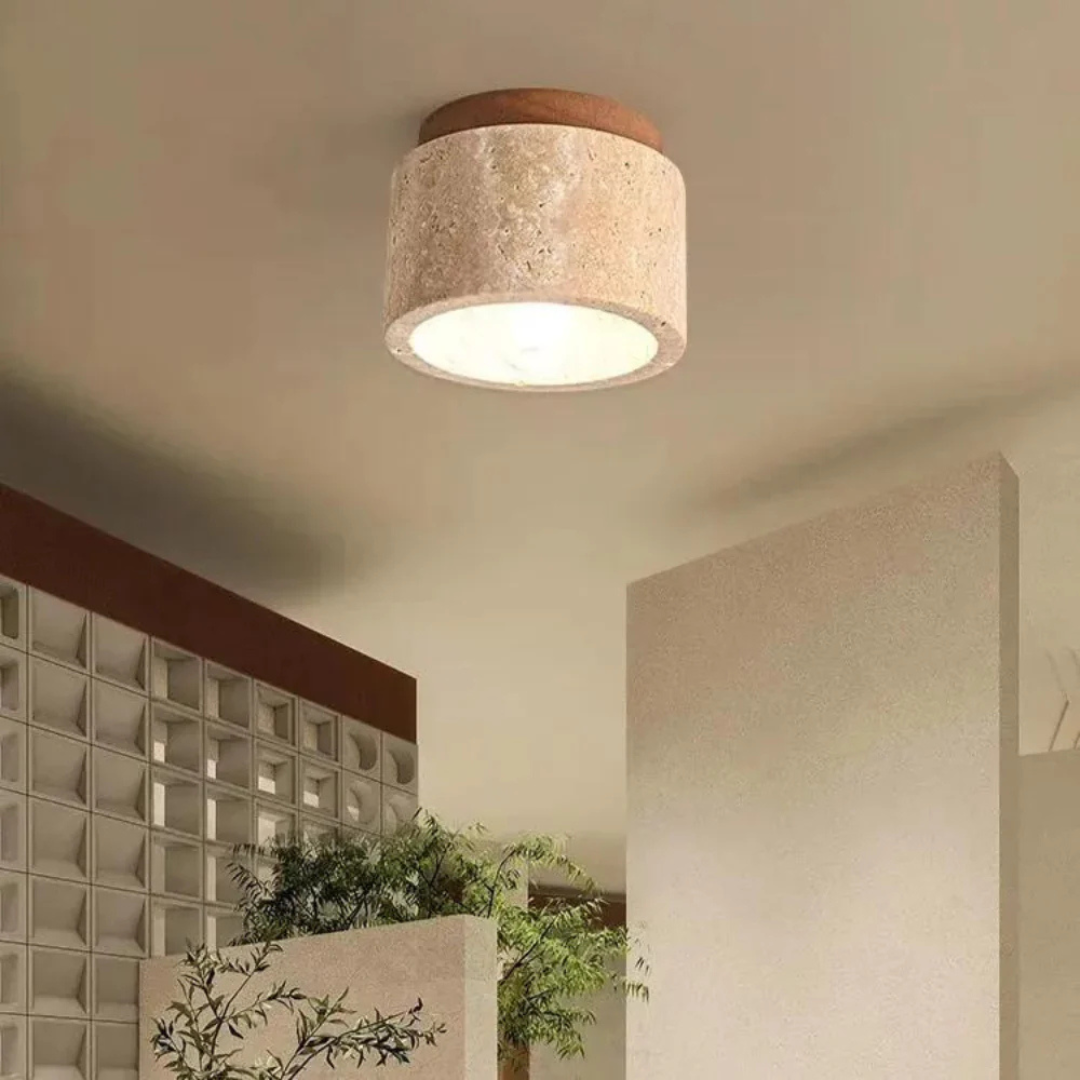 Cylindrical Travertine Ceiling Light with Wooden Accent | Japanese Modern Design