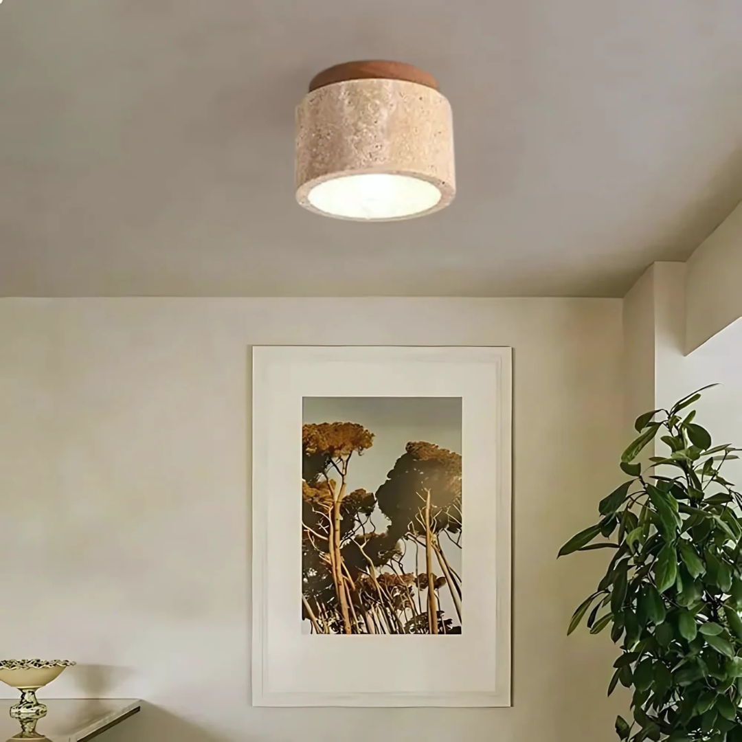 Cylindrical Travertine Ceiling Light with Wooden Accent | Japanese Modern Design
