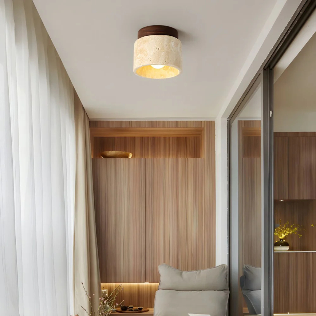 Cylindrical Travertine Ceiling Light with Wooden Accent | Japanese Modern Design