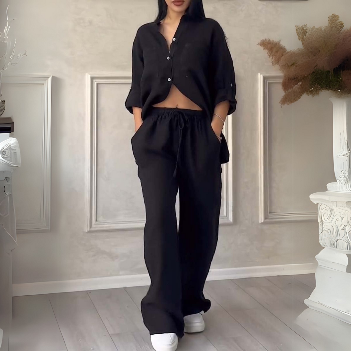 Women’s Cotton-Linen Two-Piece Set | Relaxed Shirt & Wide-Leg Pants | Breathable Fabric