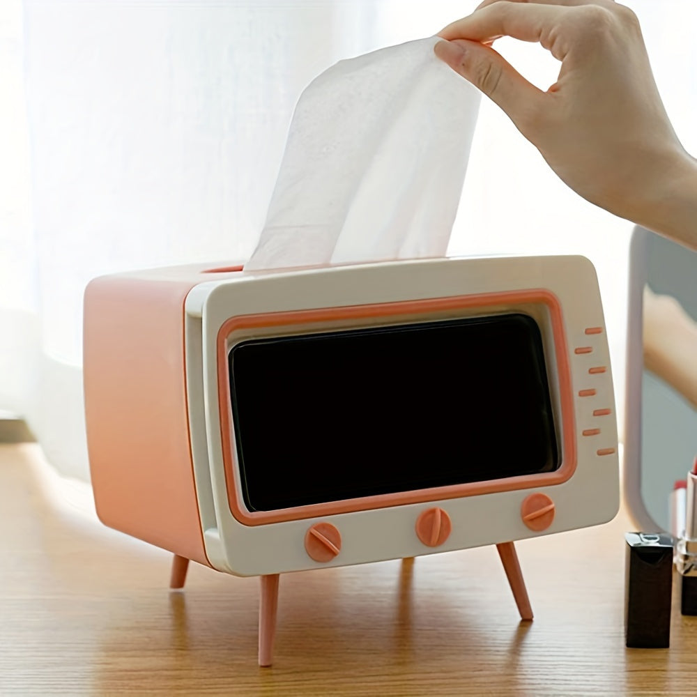 Retro TV Tissue Box Holder | Tissue Storage & Phone Dock | Home & Office Decor