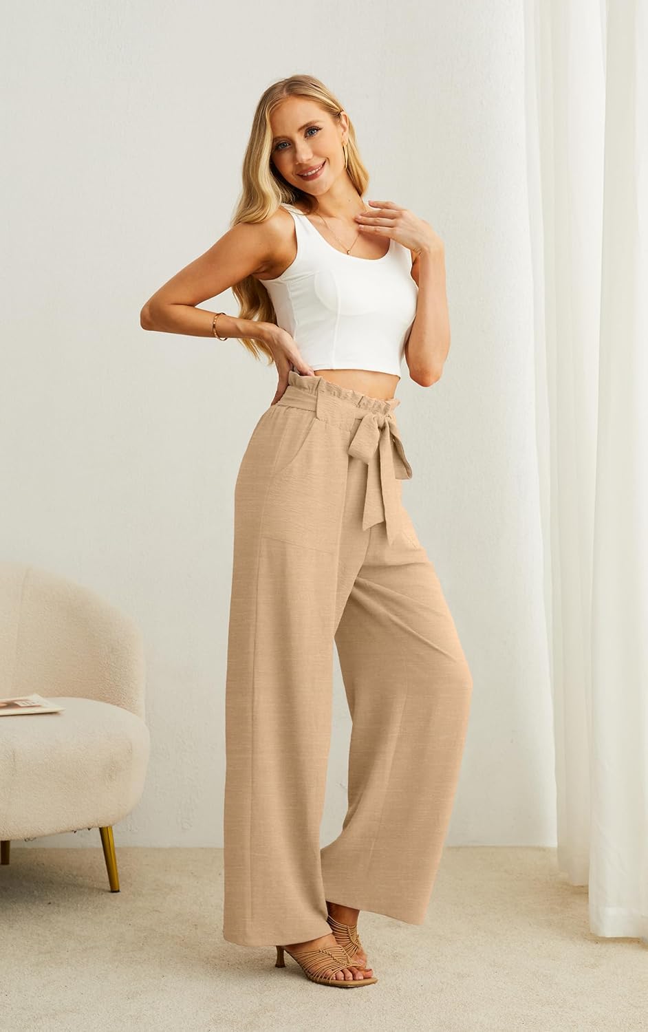 Women’s Wide Leg Pants | High Waist | Adjustable Knot | Casual Trousers with Pockets