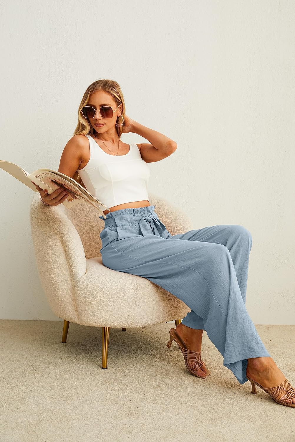 Women’s Wide Leg Pants | High Waist | Adjustable Knot | Casual Trousers with Pockets