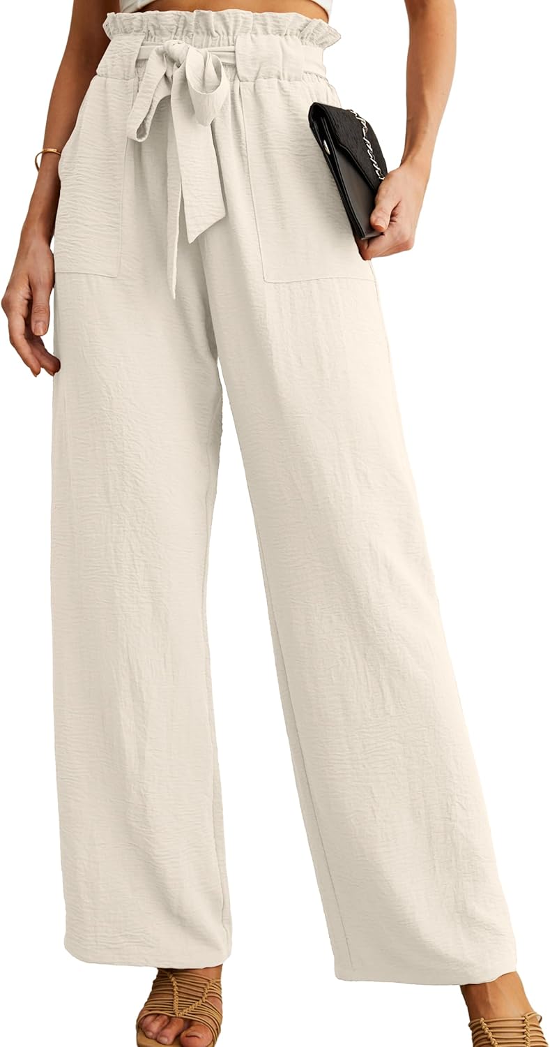 Women’s Wide Leg Pants | High Waist | Adjustable Knot | Casual Trousers with Pockets