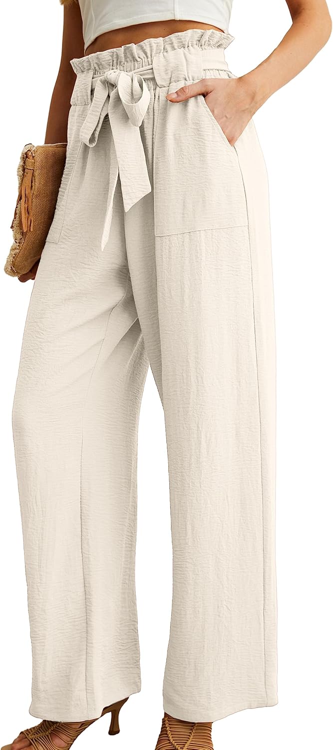 Women’s Wide Leg Pants | High Waist | Adjustable Knot | Casual Trousers with Pockets