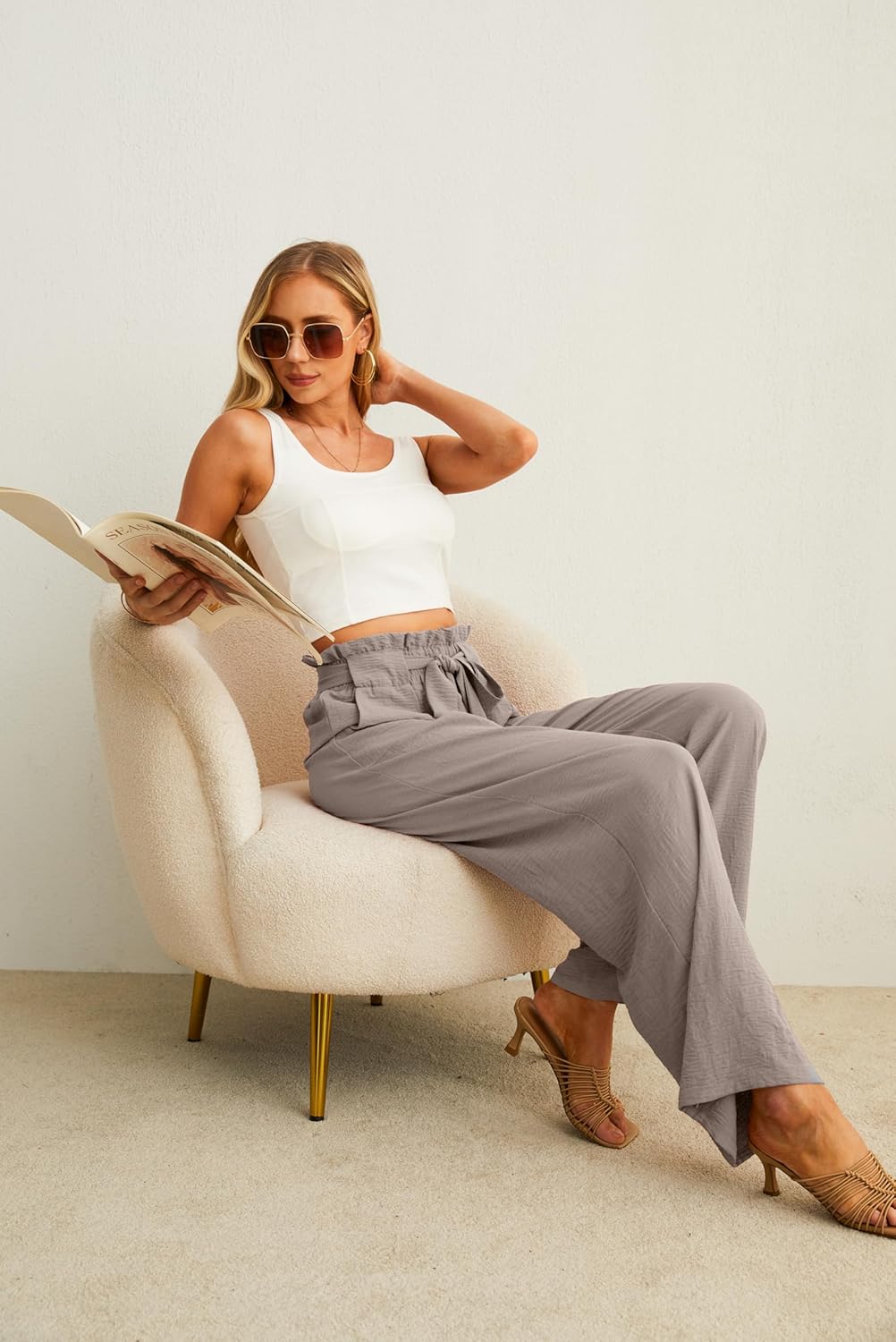 Women’s Wide Leg Pants | High Waist | Adjustable Knot | Casual Trousers with Pockets