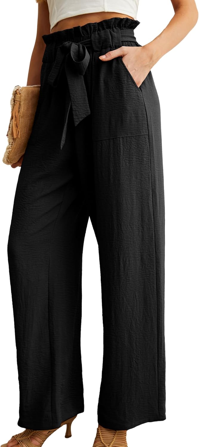 Women’s Wide Leg Pants | High Waist | Adjustable Knot | Casual Trousers with Pockets