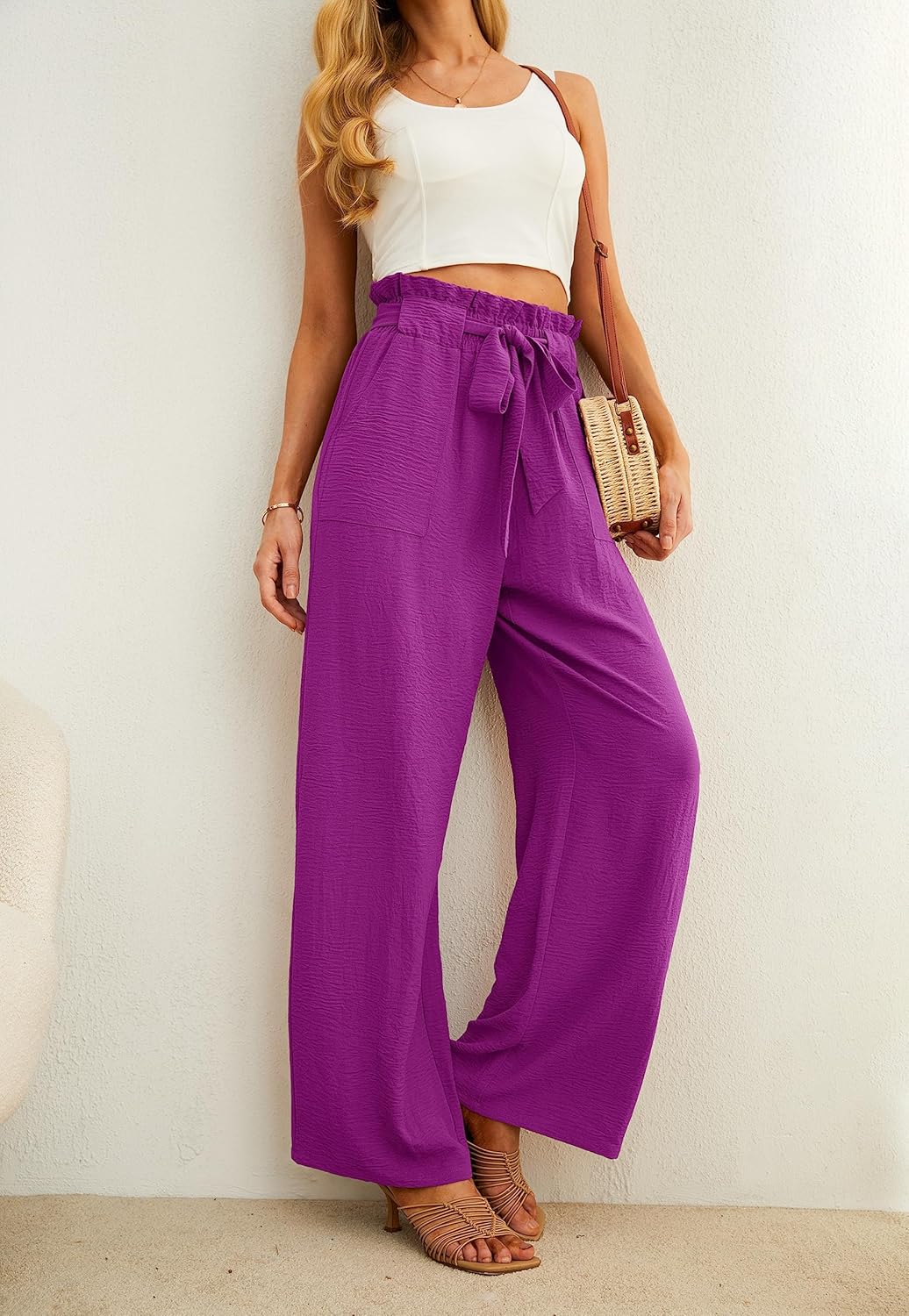 Women’s Wide Leg Pants | High Waist | Adjustable Knot | Casual Trousers with Pockets