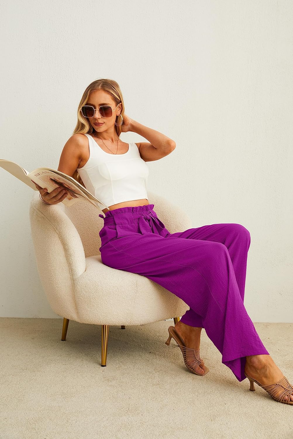 Women’s Wide Leg Pants | High Waist | Adjustable Knot | Casual Trousers with Pockets