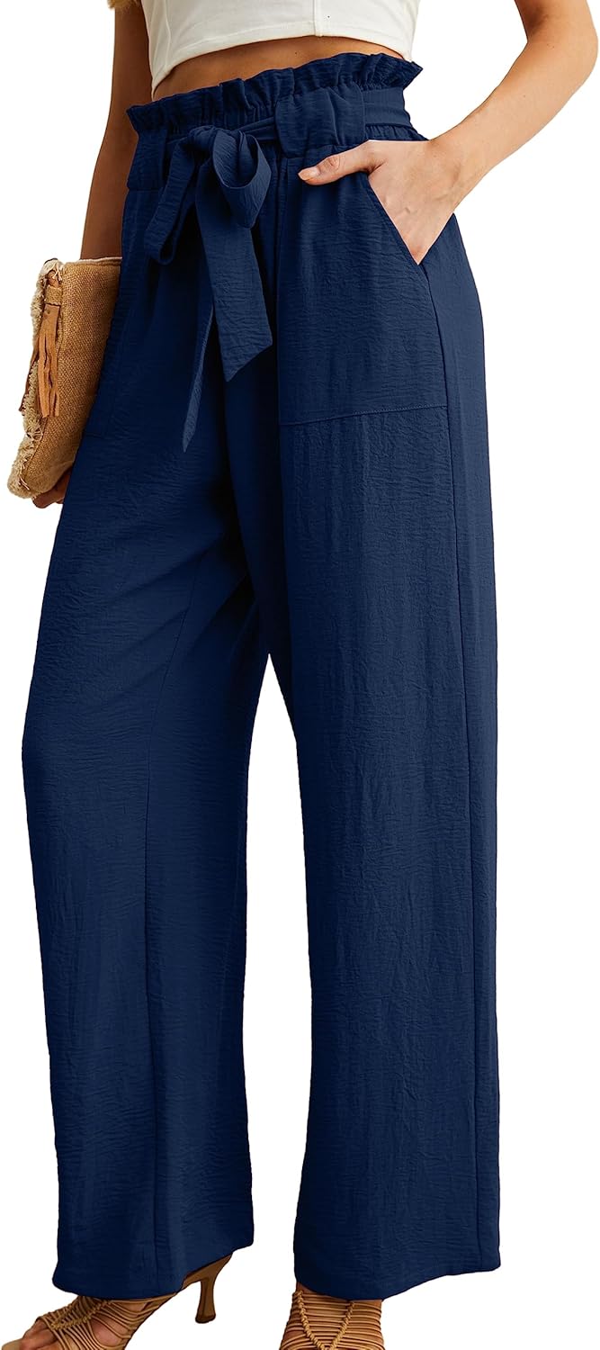 Women’s Wide Leg Pants | High Waist | Adjustable Knot | Casual Trousers with Pockets