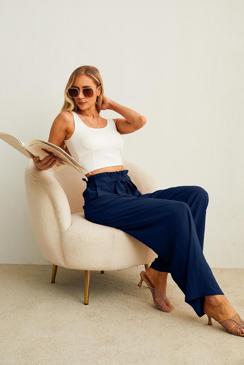 Women’s Wide Leg Pants | High Waist | Adjustable Knot | Casual Trousers with Pockets