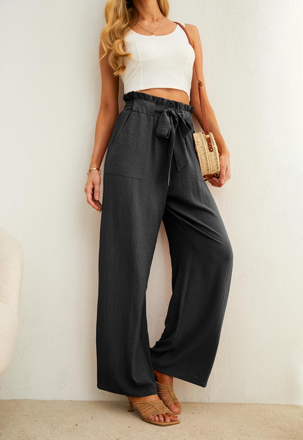 Women’s Wide Leg Pants | High Waist | Adjustable Knot | Casual Trousers with Pockets