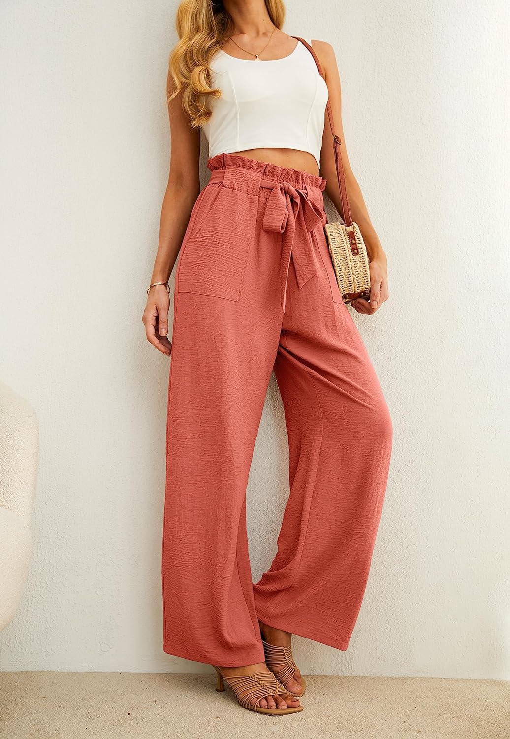 Women’s Wide Leg Pants | High Waist | Adjustable Knot | Casual Trousers with Pockets