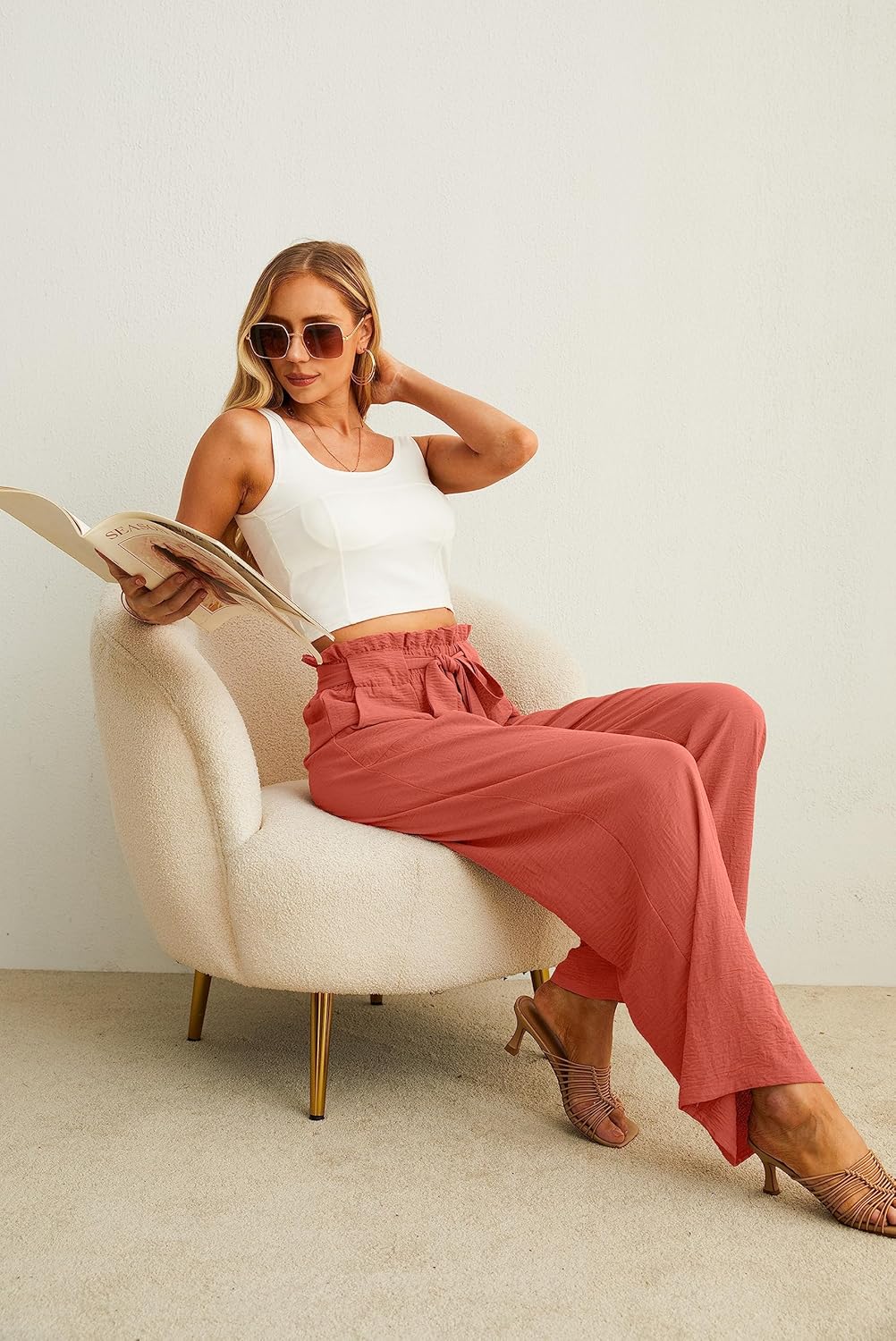 Women’s Wide Leg Pants | High Waist | Adjustable Knot | Casual Trousers with Pockets