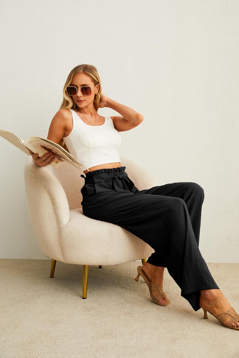 Women’s Wide Leg Pants | High Waist | Adjustable Knot | Casual Trousers with Pockets
