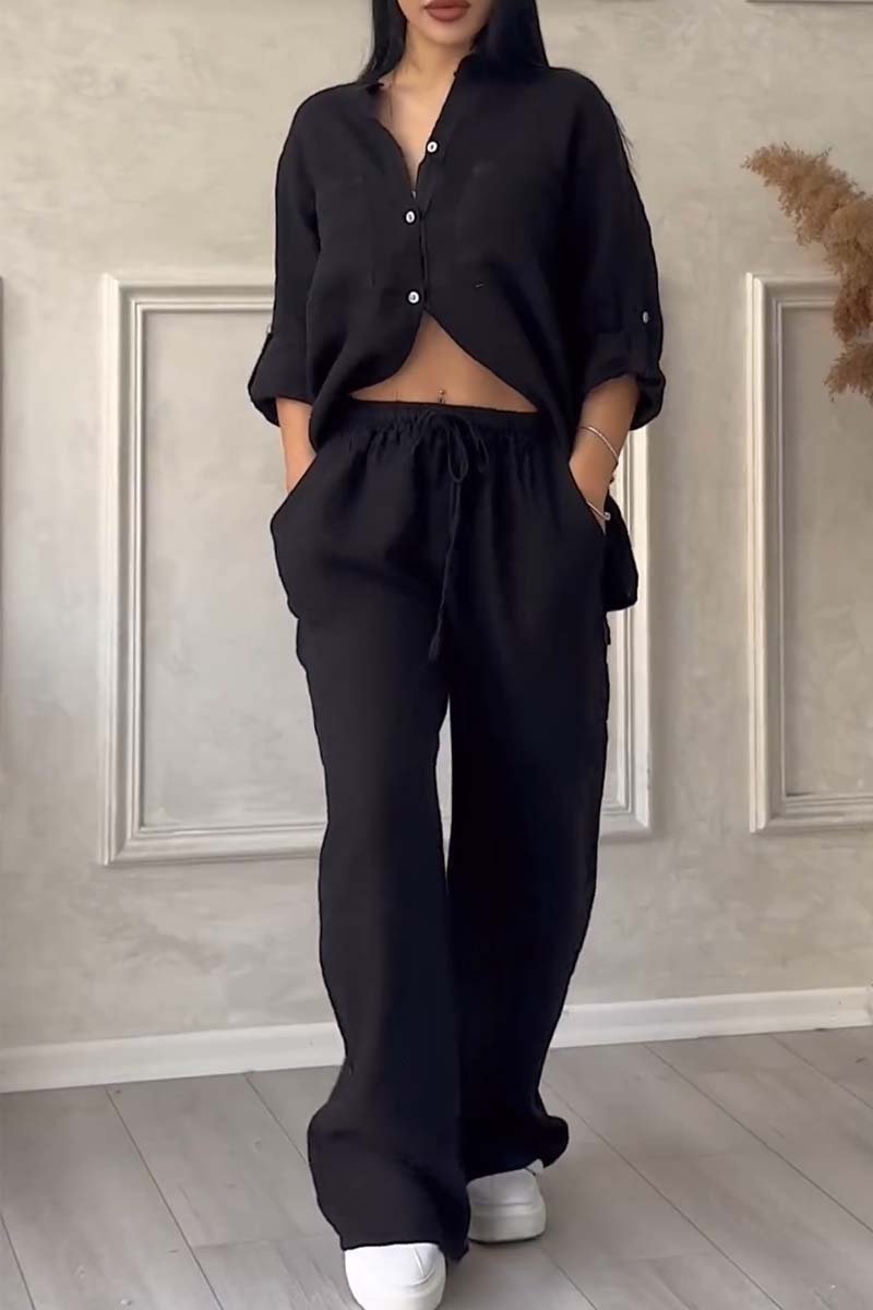 Women’s Cotton-Linen Two-Piece Set | Relaxed Shirt & Wide-Leg Pants | Breathable Fabric