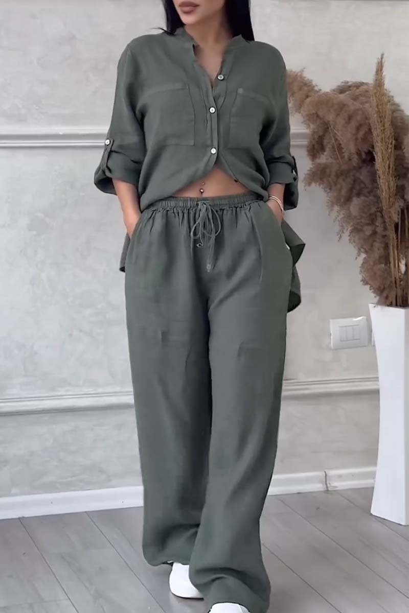 Women’s Cotton-Linen Two-Piece Set | Relaxed Shirt & Wide-Leg Pants | Breathable Fabric