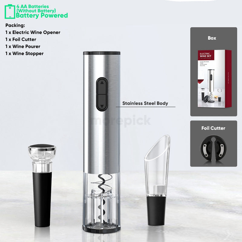 Electric Wine Bottle Opener Set | Includes Pourer & Vacuum Stopper | Effortless Cork Removal Kit