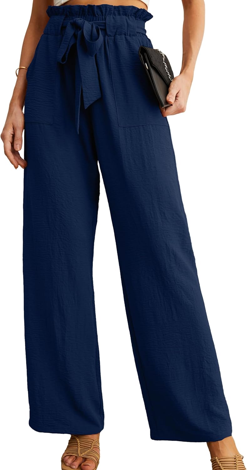 Women’s Wide Leg Pants | High Waist | Adjustable Knot | Casual Trousers with Pockets
