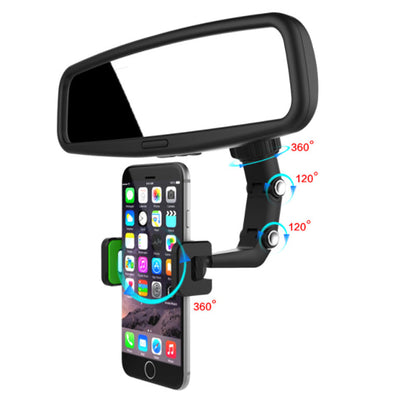 360° Rearview Mirror Phone Holder | Adjustable Mount for Car, Kitchen & Desk | Rotating ABS Clamp Stand