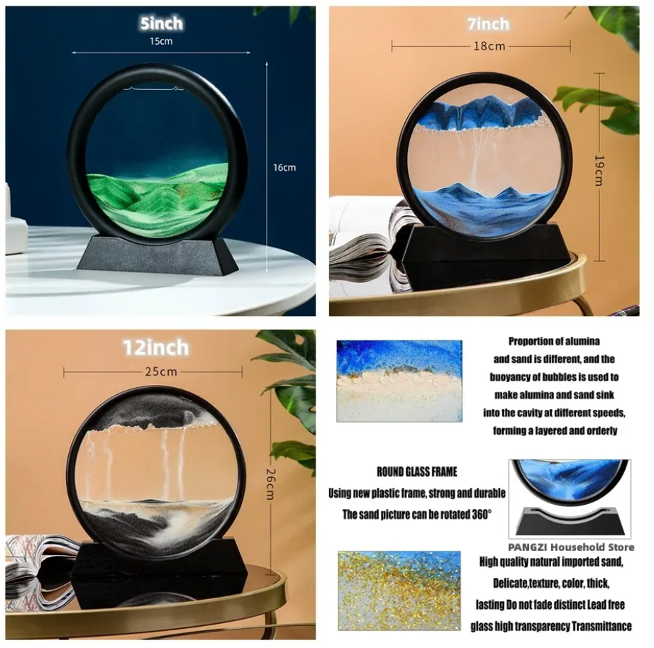 3D Moving Sand Art | Glass Round Desk Ornament with Flowing Sand Design