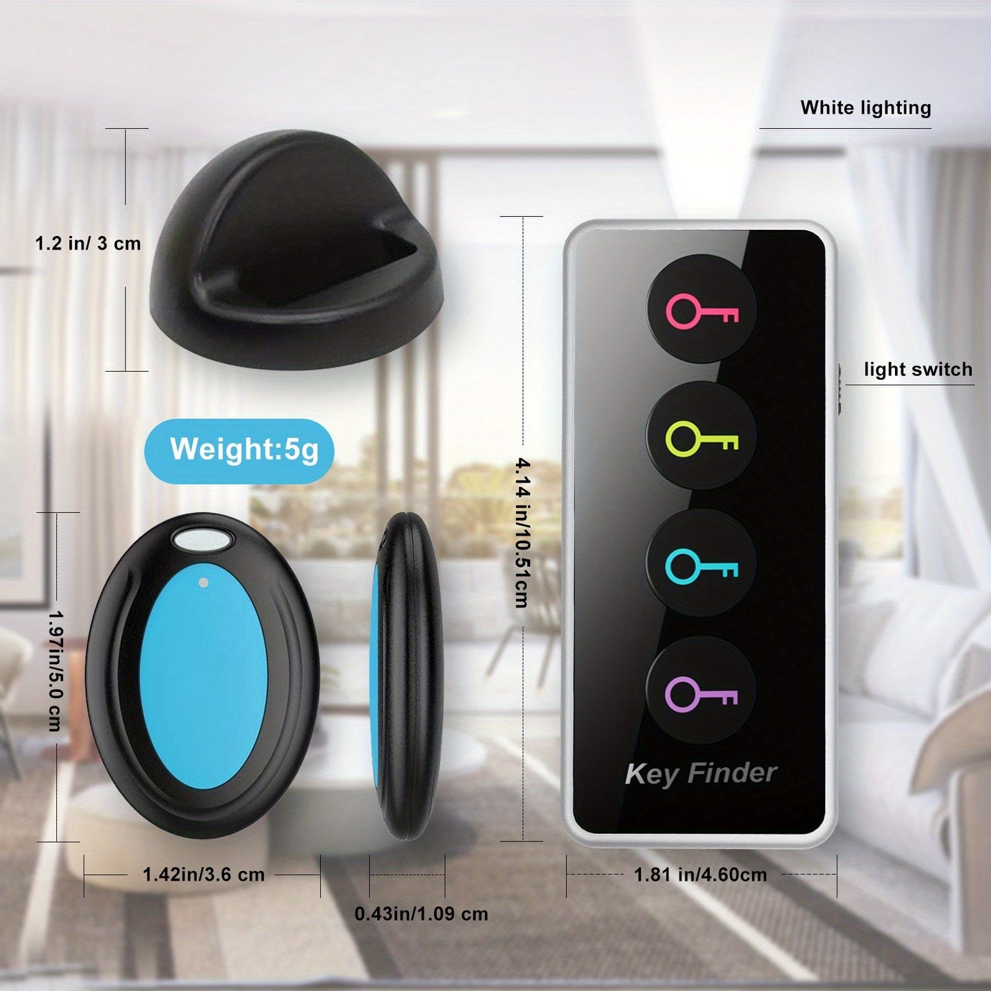 4-in-1 Key Finder | Remote Control Key Locator with LED Flash | Color-Coded Receivers for Keys, Remotes & Accessories