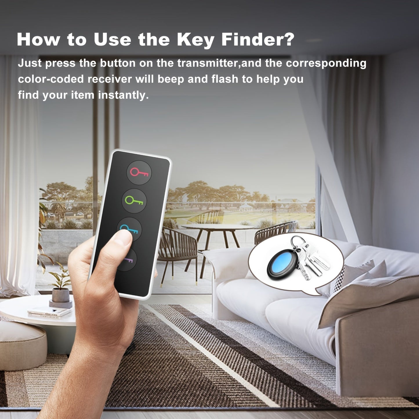 4-in-1 Key Finder | Remote Control Key Locator with LED Flash | Color-Coded Receivers for Keys, Remotes & Accessories