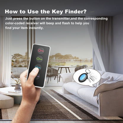 4-in-1 Key Finder | Remote Control Key Locator with LED Flash | Color-Coded Receivers for Keys, Remotes & Accessories
