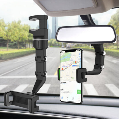 360° Rearview Mirror Phone Holder | Adjustable Mount for Car, Kitchen & Desk | Rotating ABS Clamp Stand