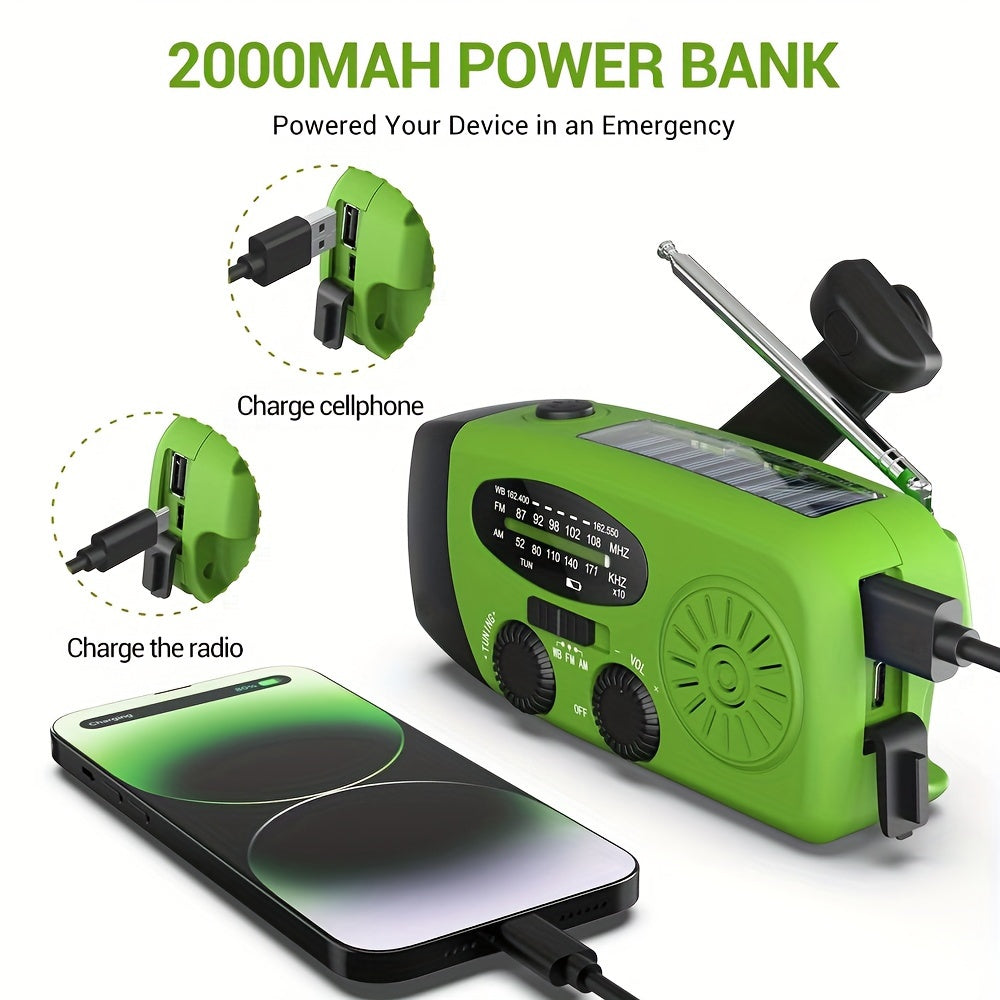 Compact Emergency Radio | 2000 mAh Power Bank | Solar, Hand Crank & USB Charging