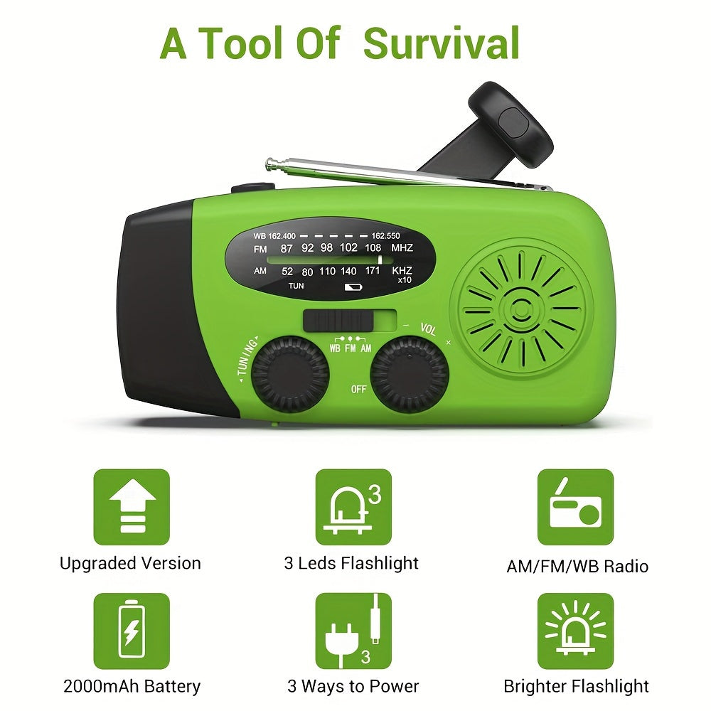 Compact Emergency Radio | 2000 mAh Power Bank | Solar, Hand Crank & USB Charging
