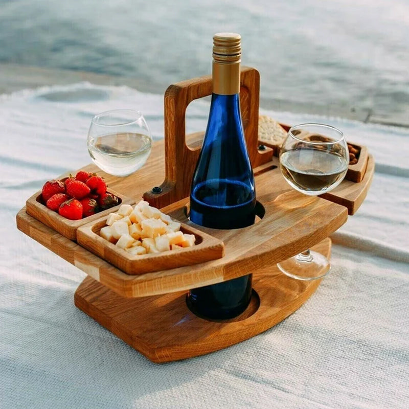 Compact Wood Picnic Table | Foldable Outdoor Wine & Snack Holder | Portable Design