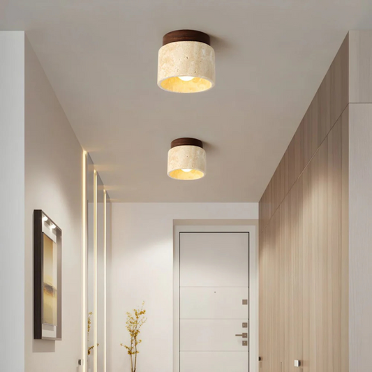 Cylindrical Travertine Ceiling Light with Wooden Accent | Japanese Modern Design