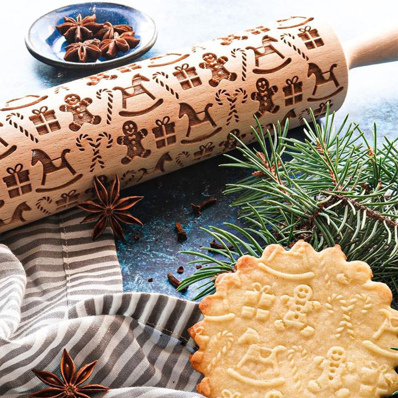 Embossed Wooden Rolling Pin | Christmas Cookie Roller | Holiday Baking Tool