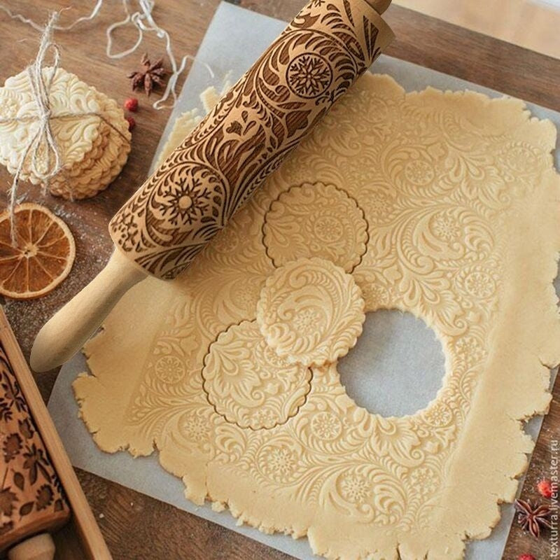 Embossed Wooden Rolling Pin | Christmas Cookie Roller | Holiday Baking Tool