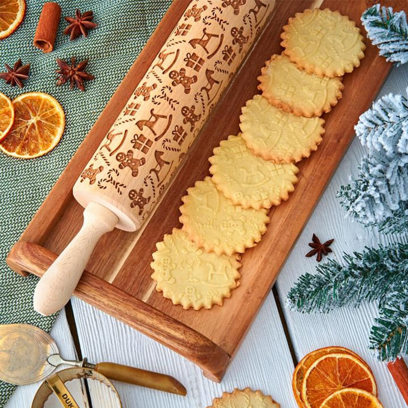 Embossed Wooden Rolling Pin | Christmas Cookie Roller | Holiday Baking Tool