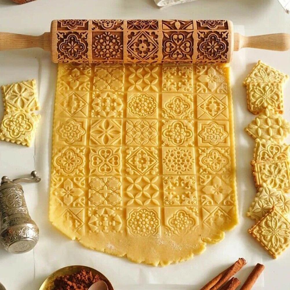 Embossed Wooden Rolling Pin | Christmas Cookie Roller | Holiday Baking Tool