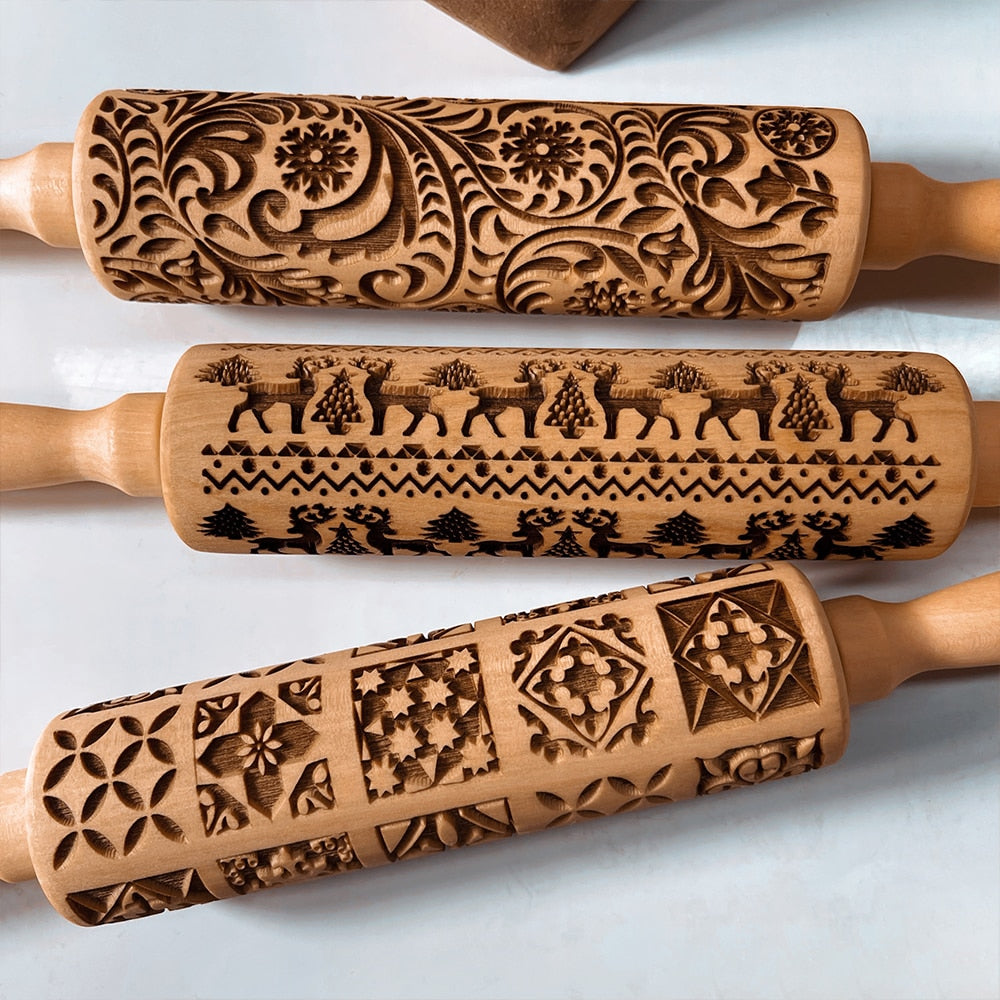 Embossed Wooden Rolling Pin | Christmas Cookie Roller | Holiday Baking Tool