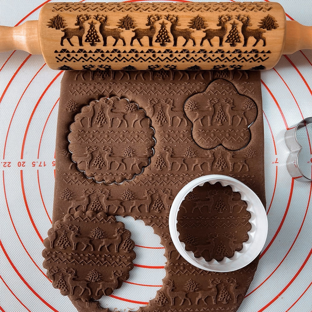 Embossed Wooden Rolling Pin | Christmas Cookie Roller | Holiday Baking Tool