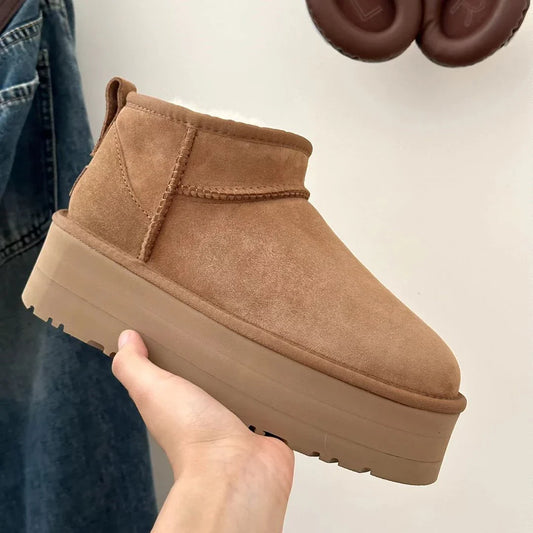 Women’s Mini Platform Boots | Faux Fur Lining | Brown Ankle Booties for Winter