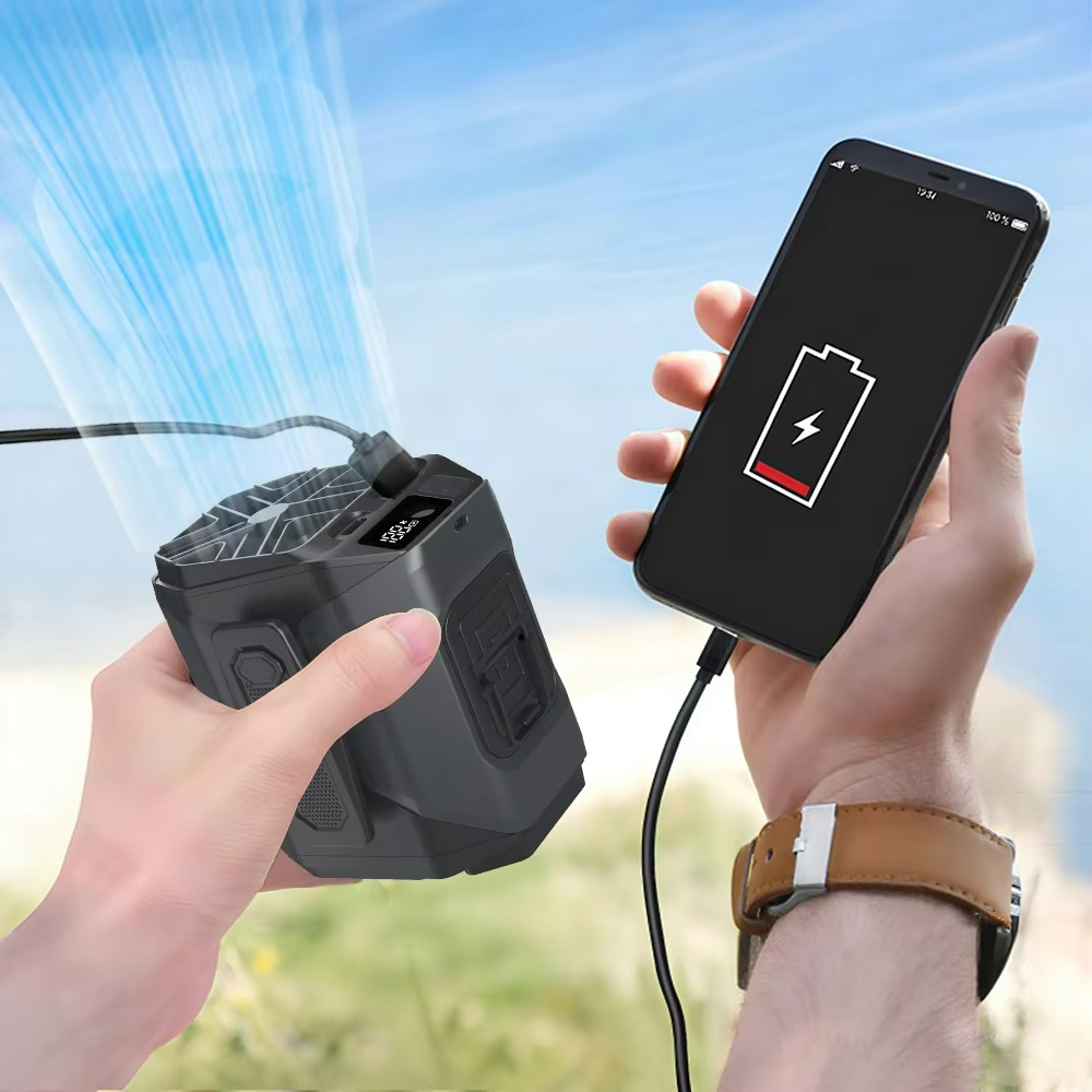 Portable Waist Fan with Power Bank & Flashlight | Hands-Free Cooling | Rechargeable for Outdoor & Travel Use