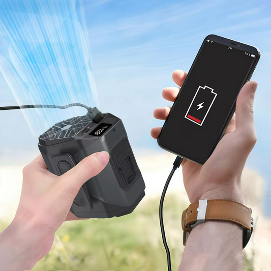 Portable Waist Fan with Power Bank & Flashlight | Hands-Free Cooling | Rechargeable for Outdoor & Travel Use