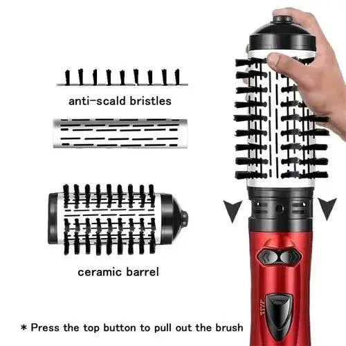 Rotating Hot Air Brush Hair Dryer | 2-in-1 Blowout Styling Tool with 360° Rotation & Interchangeable Barrels