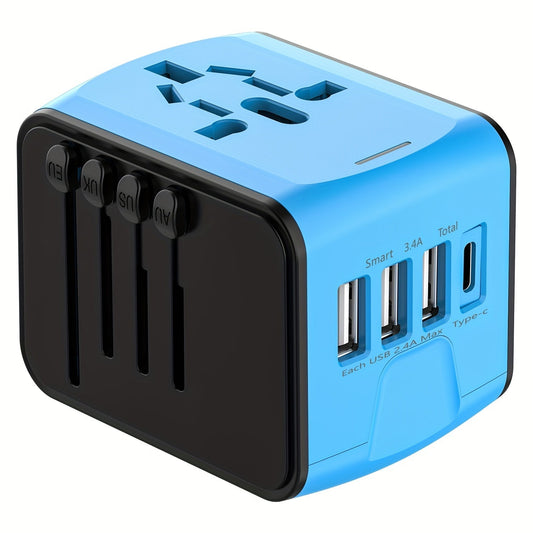 Universal Travel Adapter | 4 USB Ports & Type-C | Worldwide Plug Compatibility | Fast, Safe Charging for Multiple Devices